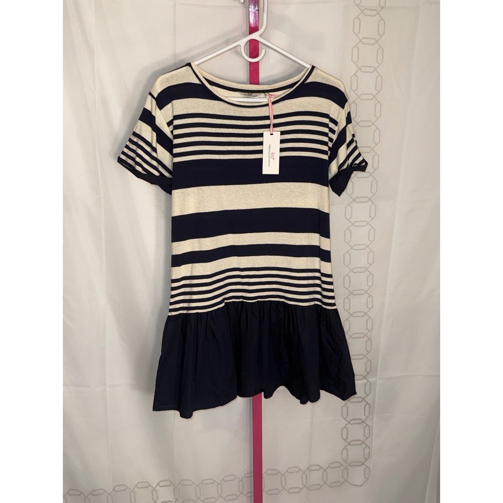 Vineyard Vines Women's Striped Dress with Ruffle Hem Navy Cream XS‎